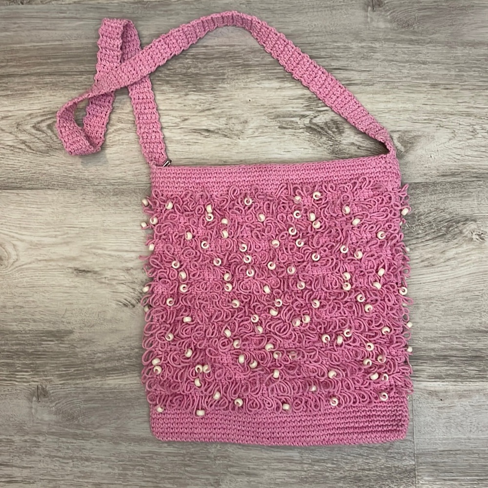 Hand Crafted Pink Crocheted Crossbody Bag with Full Zipper White Bead Accent